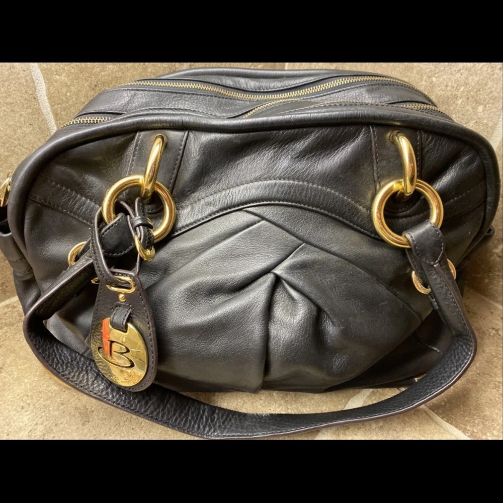 B Makowsky Black Leather 3 Section Shoulder Bag Gold Hardware NICE!